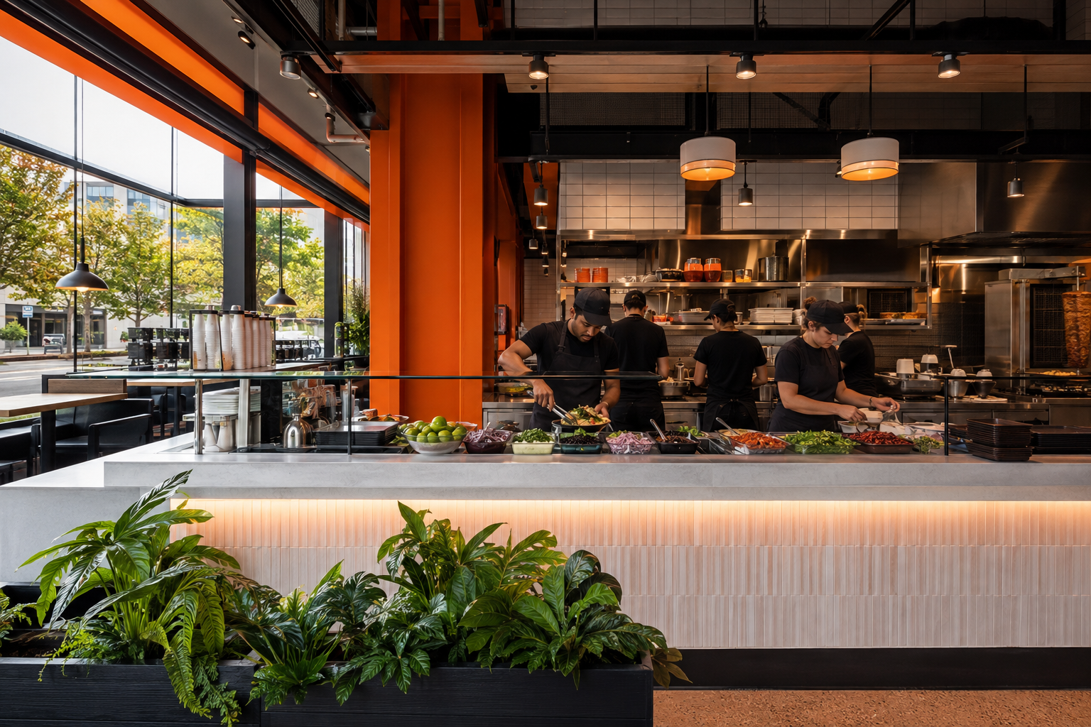 Burrorris kitchen crew building burritos behind the counter