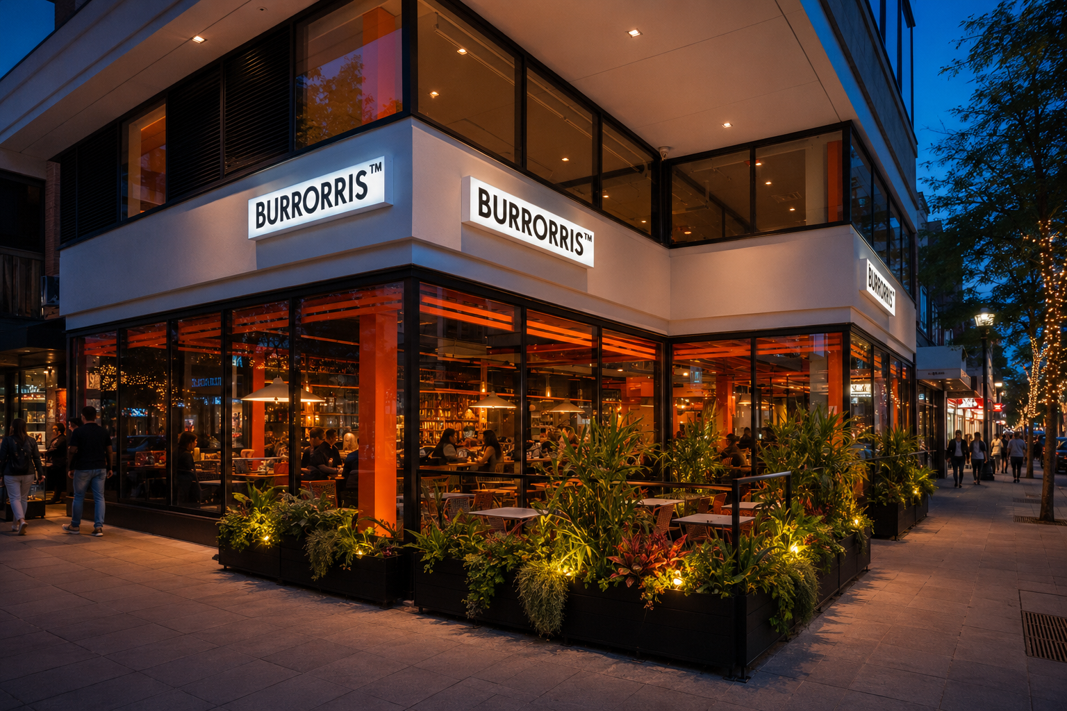 Burrorris storefront lit up at night